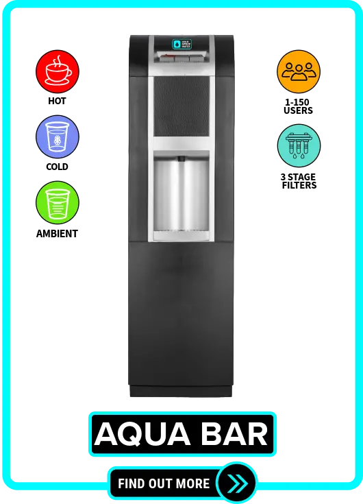 Aqua Bar water cooler tower offering hot, cold, and ambient water with a 4-gallon cold tank and 3-stage filtration, perfect for larger spaces in offices, warehouses, and commercial spaces in NYC, New York, and New Jerse