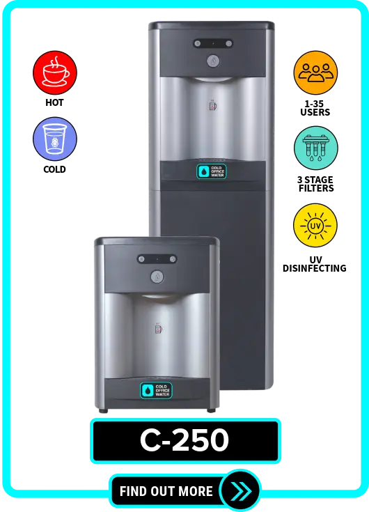 C-250 NYC office water cooler compact design for rent or lease, available in tower or countertop models with hot and cold water, featuring 3-stage filtration and UV light, ideal for offices and commercial spaces in NYC, New York, and New Jersey