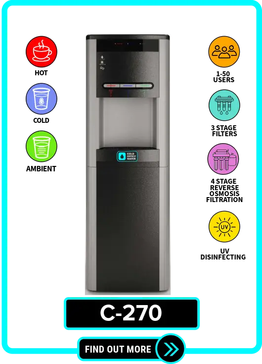 C-270 NYC office water cooler for rent or lease with hot, cold, and ambient water, featuring 3-stage or reverse osmosis filtration and UV light, perfect for offices, stores, and medical facilities in NYC, New York, and New Jersey