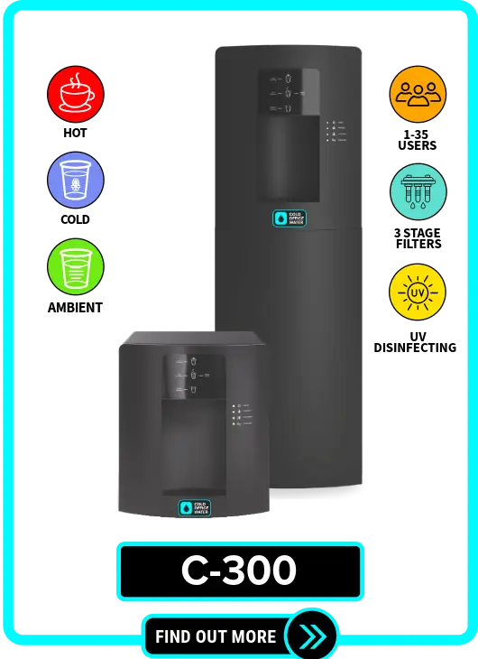 C-300 NYC office water cooler for rent or lease, available in tower and countertop models with hot, cold, ambient, and extra hot settings, featuring 3-stage filtration and UV light for disinfecting, ideal for offices and businesses in NYC, New York, and New Jersey