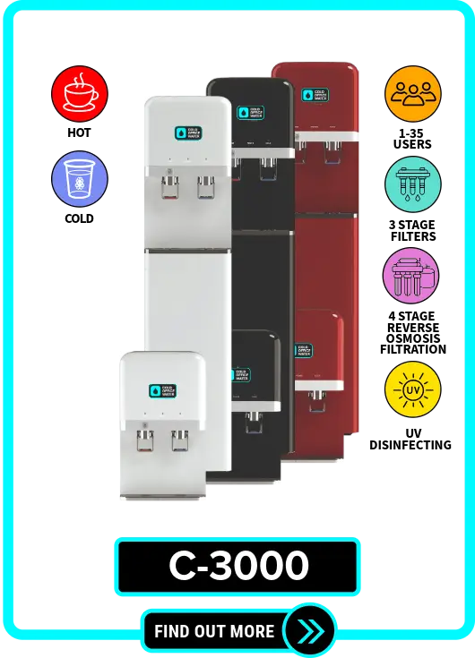 C-3000 water cooler for rent or lease, available in countertop or tower models with hot and cold water, featuring 3-stage or reverse osmosis filtration and UV light, perfect for small spaces in NYC, New York, and New Jersey