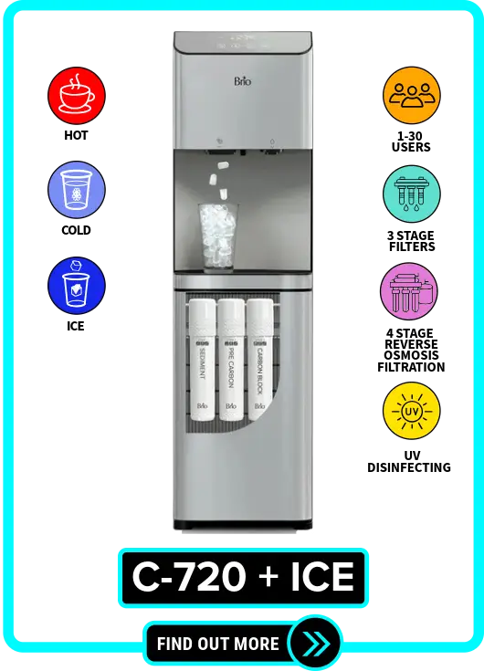 C-720 + Ice NYC office water cooler and ice machine for rent or lease, offering hot and cold water and ice with reverse osmosis or 3-stage filtration and in-tank UV disinfecting light, ideal for offices, stores, and commercial spaces