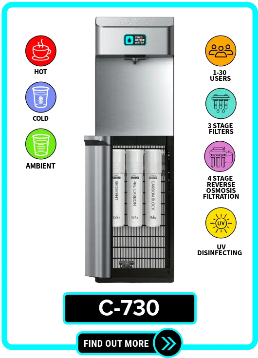 C-730 water cooler for rent or lease, available in tower model with hot, cold, and ambient water, featuring reverse osmosis or 3-stage filtration and UV light, ideal for offices and commercial spaces in NYC, New York, and New Jersey