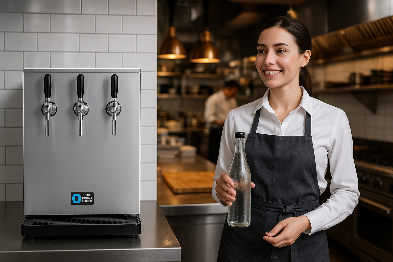 Restaurant staff filling a reusable bottle with sparkling water