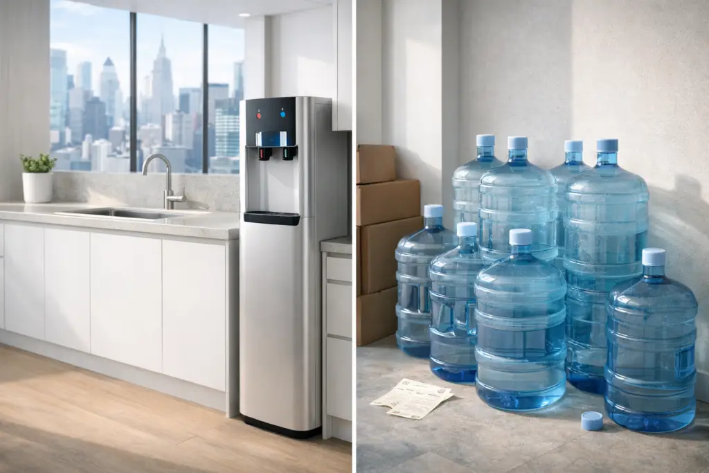 Bottleless water cooler in a NYC office break room — Cold Office Water cost comparison for NYC and NJ businesses