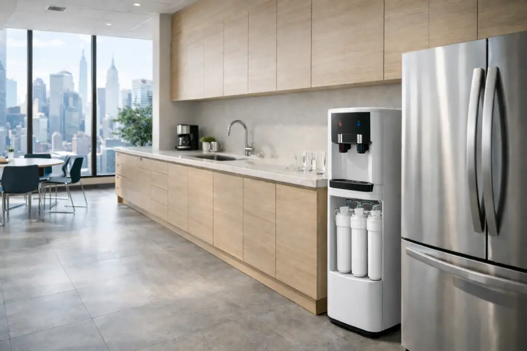 3-stage bottleless water cooler installed in a modern NYC office break room